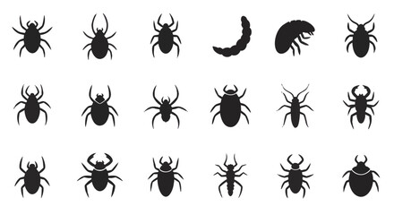 A diverse set of eighteen insect and arachnid silhouette icons. Graphic collection of various bugs, spiders, and beetles for pest control design.