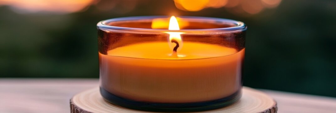 Warm Amber Candle Flame Flickers in Glass Jar, Creating a Cozy Atmosphere at Sunset on Wood Table