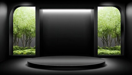 Fototapeta premium Dark room with circular platform, flanked by arched windows showcasing greenery