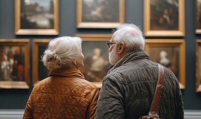 Elderly couple engaging in a cultural outing, appreciating the beauty of artworks in a museum exhibition. Traveling together, they immerse themselves in the world of art, enjoying, Generative AI