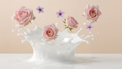 Delicate pink roses and purple flowers exploding from a white splash