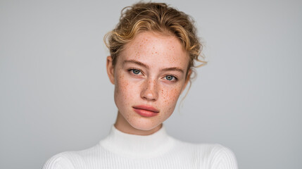 Naklejka premium Portrait of a young woman with fair skin and freckles
