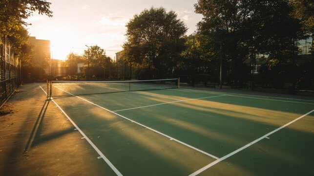 Scenic outdoor tennis court at sunset surrounded by trees and urban silhouette - Powered by Adobe