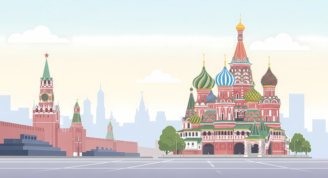 Stylized Moscow Skyline with Saint Basil's Cathedral in Pastel Flat Vector Illustration Landmark in Pastel Flat Vector Illustration
