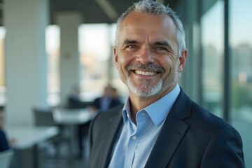 Fototapeta premium Smiling Mature Businessman in Dark Blue Suit in Modern Office