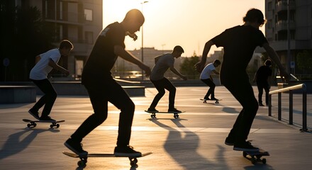 Obraz premium Skateboarders silhouetted against the setting sun at a city skatepark, capturing youthful energy and urban lifestyle.