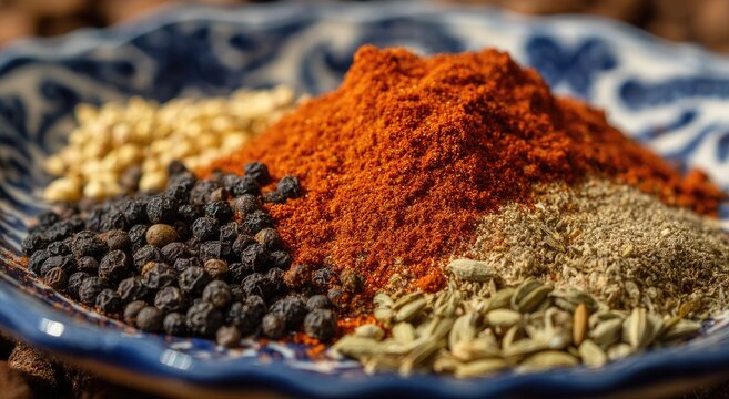 Assorted spices on a patterned plate