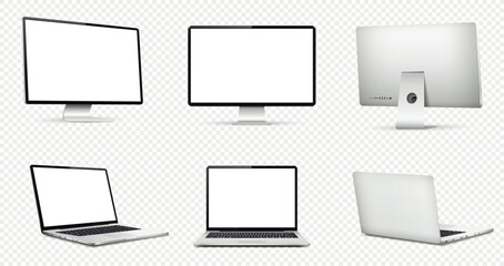 Realistic computer screen mockup. Laptop computer mockup different angles views on transparent background.