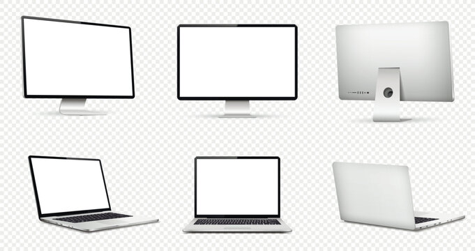 Realistic computer screen mockup. Laptop computer mockup different angles views on transparent background.