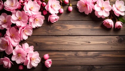 Elegant floral arrangement of pink blossoms on rustic wooden surface for spring