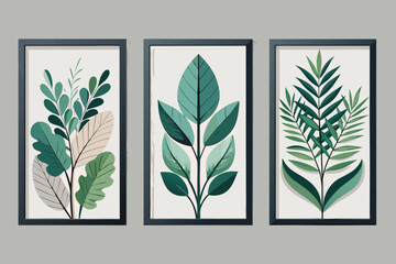 Elegant botanical wall art trio with simplified leafy designs in modern minimalist style for home decor