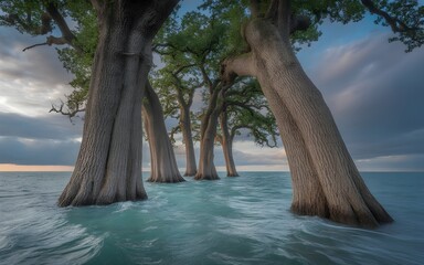 Oak trees ocean water turquoise ancient roots branches stormy sky swirling surreal foam bark trunks gnarled dynamic nature seascape landscape waves fantasy mystical dramatic textured environment unusu