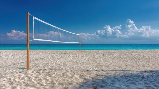 Scenic beach volleyball court with blue sky and ocean view