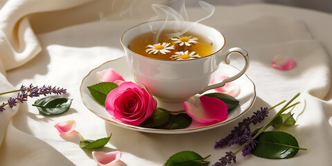 Delicate Tea Infused With Rose Petals In Transparent Cup

