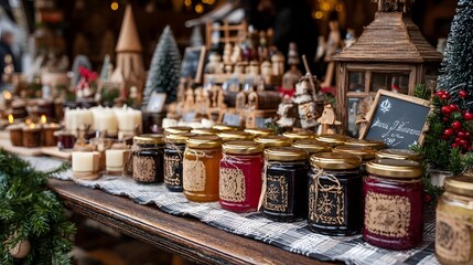 A cozy and festive Christmas market stall featuring an assortment of holiday jars candles and other seasonal deco ns for sale