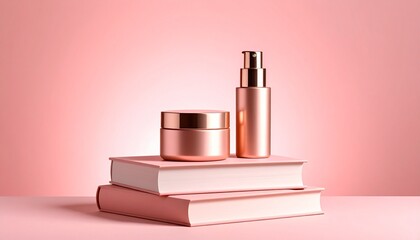 Rose Gold Skincare Set Luxurious Cream and Spray on Books