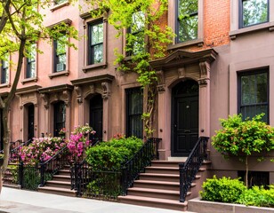 Fototapeta premium Elegant brownstones showing spring colors in an upscale neighborhood