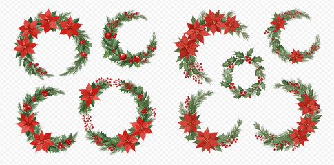 A festive collection of watercolor Christmas wreaths and frames decorated with red poinsettia flowers, berries, and green foliage.