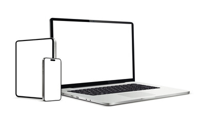 Laptop computer, tablet and smartphone mockup white screen. Device different angles views