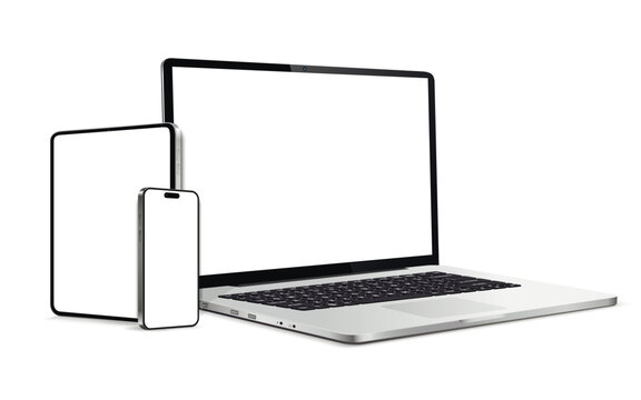 Laptop computer, tablet and smartphone mockup white screen. Device different angles views