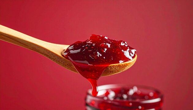 "Wooden spoon dripping red jam over glass jar against vibrant red background."