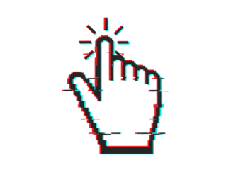 Glitch Art Cursor Hand Pointer Icon Digital Click Technology Graphic Red Cyan Blue Aesthetic on transparent background