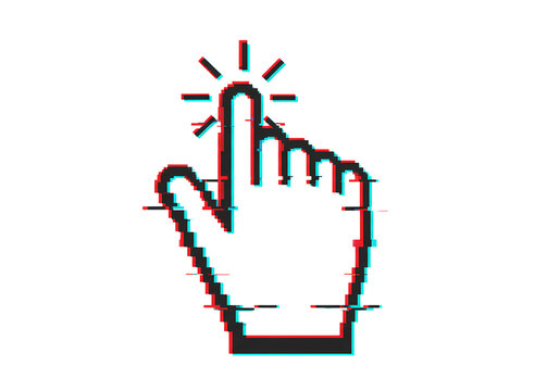 Glitch Art Cursor Hand Pointer Icon Digital Click Technology Graphic Red Cyan Blue Aesthetic on transparent background