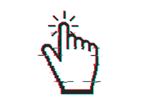Glitch Art Cursor Hand Pointer Icon Digital Click Technology Graphic Red Cyan Blue Aesthetic on transparent background