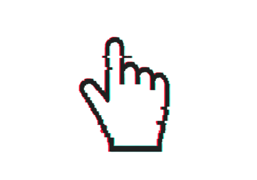Pixel Art Cursor Hand Glitch Effect Pointer for Digital Design on transparent background