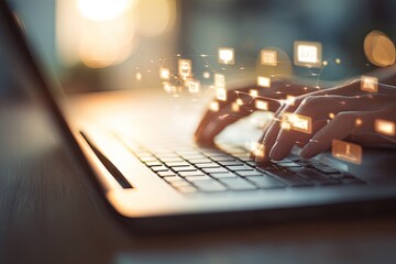 Hands typing on a laptop with holographic communication icons