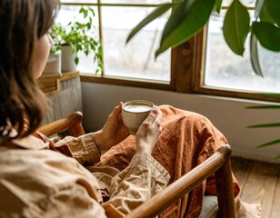 A young short haired woman holding a cup of drink at chilling by sitting on a chair and looking at the window