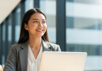 Beautiful asian businesswoman using laptop in office with a happy expression