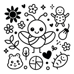 A charming cartoon illustration featuring a cute bug surrounded by flowers, hearts, and stars. Perfect for adding a touch of whimsy to any design