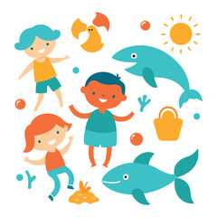 A delightful illustration of children having fun at the beach, complete with dolphins, fish, and sunny weather, perfect for summer-themed designs and illustrations.