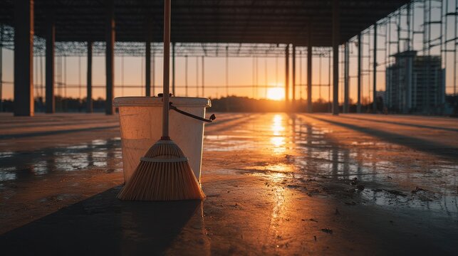 Eye-catching photo of broom and bucket cleaning a spacious construction site floor, illuminated by the warm glow of sunset, creating a tidy and safe environment.