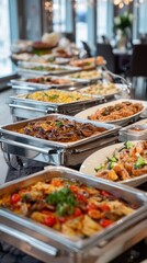 Fototapeta premium Eye-catching photo of catering company, office corporate canteen, assortment of dishes and snacks, buffet for a business party, serving dishes at the event.