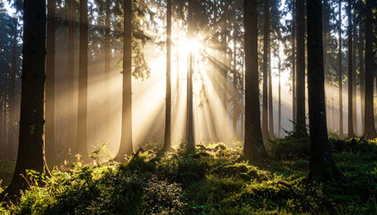 Sunlight streaming through tall forest trees, piercing morning mist to create ethereal rays and a dramatic golden glow, illuminating the lush green ground in a tranquil natural scene