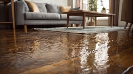 Eye-catching photo of close-up of a flooded living room floor from a water leak, highlighting the damage to furniture and flooring.