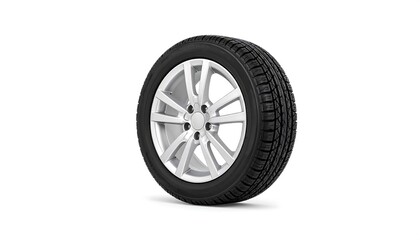 Obraz premium High angle shot of a car tire featuring a modern alloy wheel design isolated against a pristine