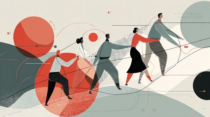 Minimalist flat corporate team collaboration illustration, soft corporate tones and white space design, abstract characters working together to complete a project, clean lines for annual report cover