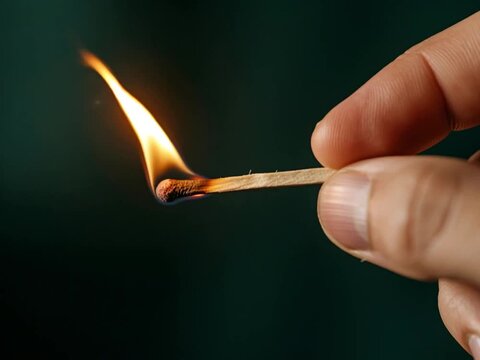 Macro shot of a burning matchstick with vivid flame held between fingers, showing detailed texture, glowing heat, and intense light in dark atmosphere