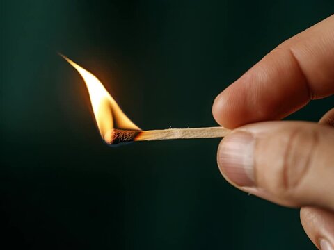 Close-up of a burning matchstick in hand with bright flame against dark background, symbolizing fire ignition, heat source, and survival lighting