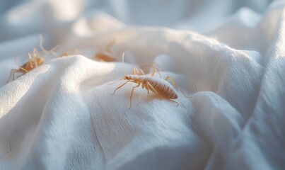 Close-up image of bed bugs crawling on a white cloth, symbolizing the increasing issue of insect infestations and the need for effective pest control measures, particularly in regions, Generative AI