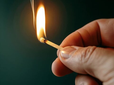 Extreme close-up of human fingers holding a burning match with orange-yellow flame, concept of starting a fire, heat energy, and illumination in darkness