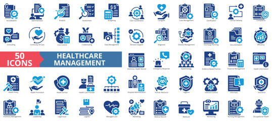 Healthcare management icon set flat style collection. Contain accreditation, administration, analysis, assessment, budgeting, coordination, compliance, certification