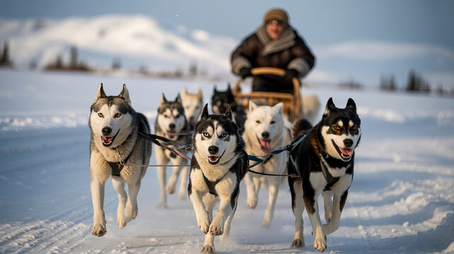 Sled dog team races through snowy landscape with musher in winter sunlight