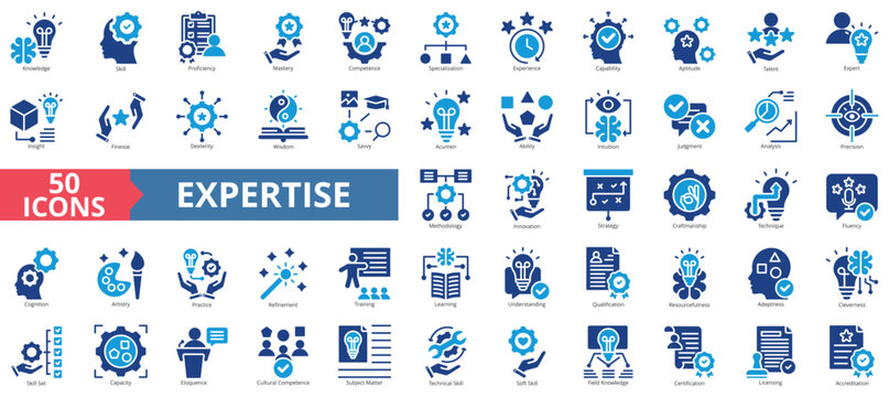 Expertise icon set flat style collection. Contain knowledge, skill, proficiency, mastery, competence, specialization, experience, capability, aptitude, talent, expert, insight, capacity, competence