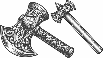 Illustration of two detailed viking axes with intricate patterns and sharp blades in black and white style silhouette