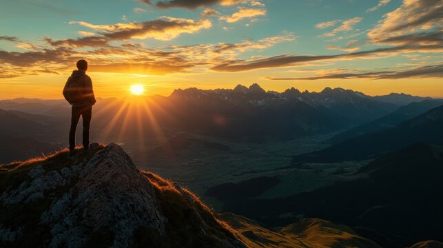 Man on mountaintop at sunrise