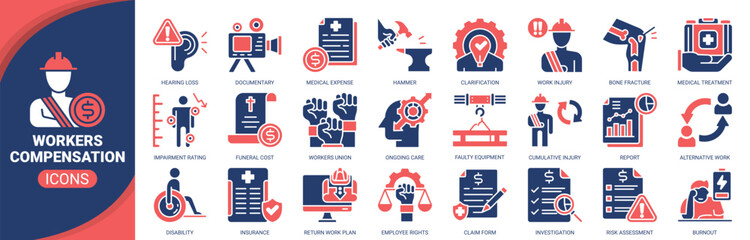 Workers compensation icon set. Containing icon of workers compensation, work injury, disability, insurance, medical treatment and more. Solid vector icons collection.